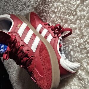 Limited Edition DENIS BUSENITZ Adidas Burgundy and White Sneakers.